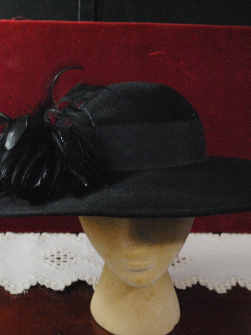 Vintage Sonni San Francisco Black Wool Wide Brim Hat with Feathers